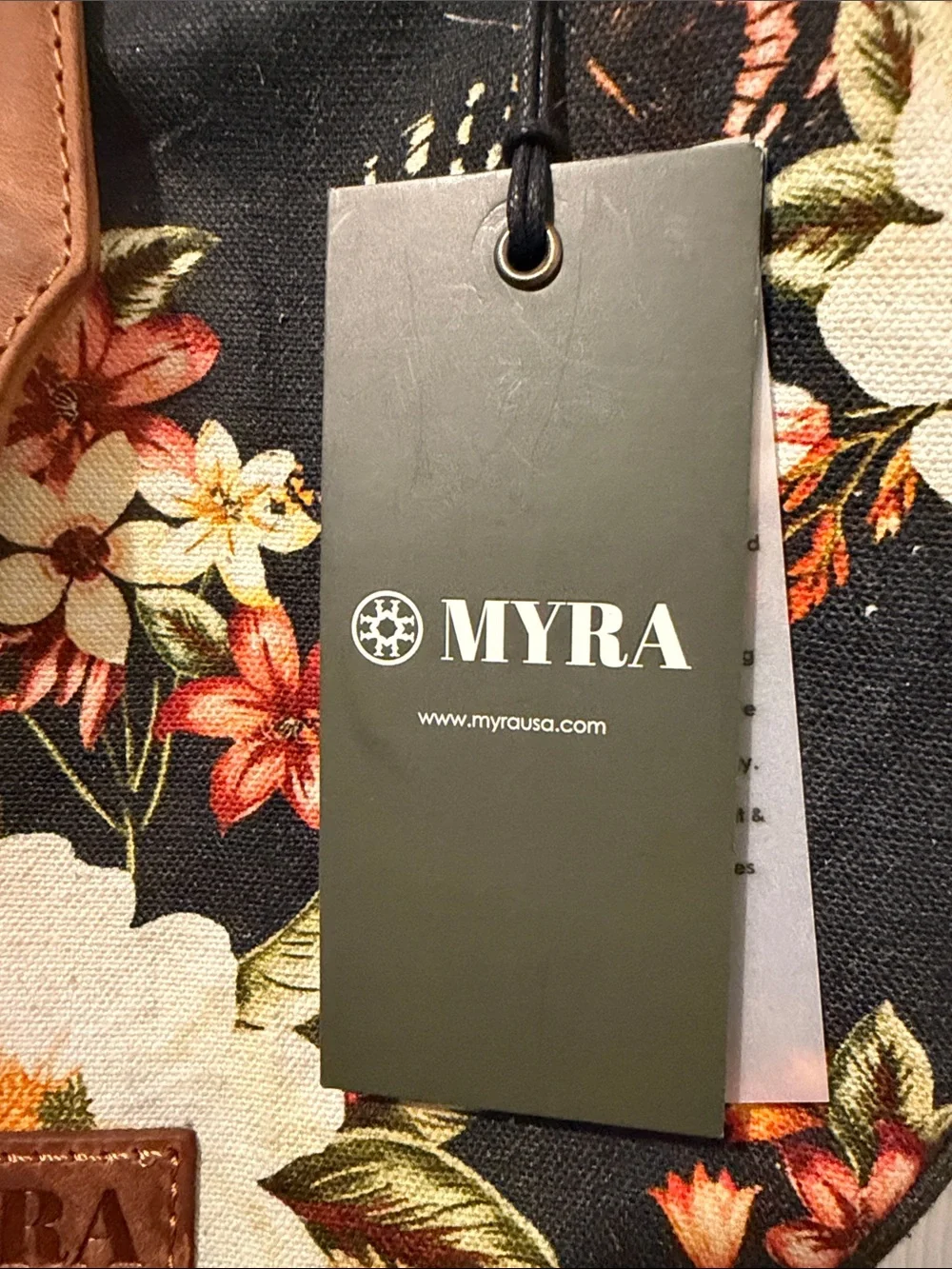 NWT Myra Bag Black Floral Crescent Shoulder Bag with Brown Accents